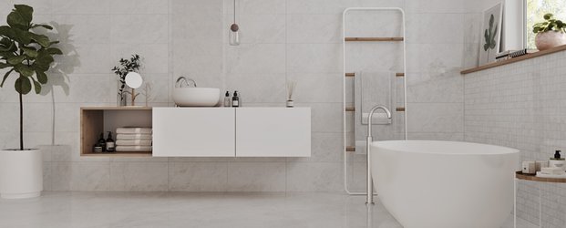 Koupelna v imitaci mramoru v kombinaci se serií obkladu a dlažby Morvedre Blanco+ obklad Malla Morvedre Blanco