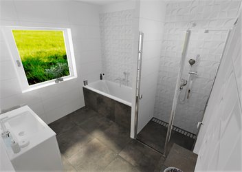 Koupelna s dlažbou v imitaci betonu MAKE (nero coten) a obklady BIANCHI (matt/creazzo)