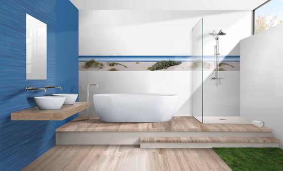 Koupelnový obklad Inspire zahrnuje fotografické dekorace v kombinaci s dlažbou v imitaci dřeva. | Jaké barvy koupelnových obkladů a dlažeb jsou v současnosti oblíbené?
