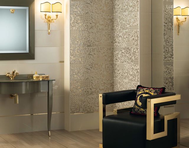 Inspirace pro luxusnou koupelnu z kolekce Versace Gold. | obklad a dlažba Gold