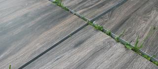 Venkovní dlažba imitující dřevo natura wood eboni na terase v trávě