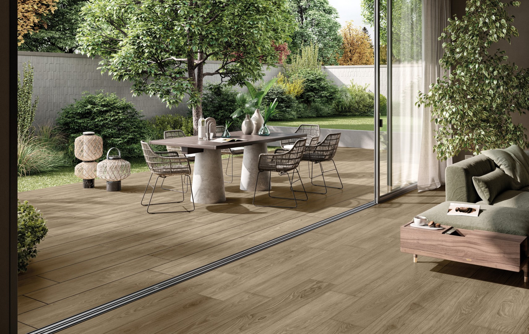 vnitřní i venkovní dlažba imitující dřevo