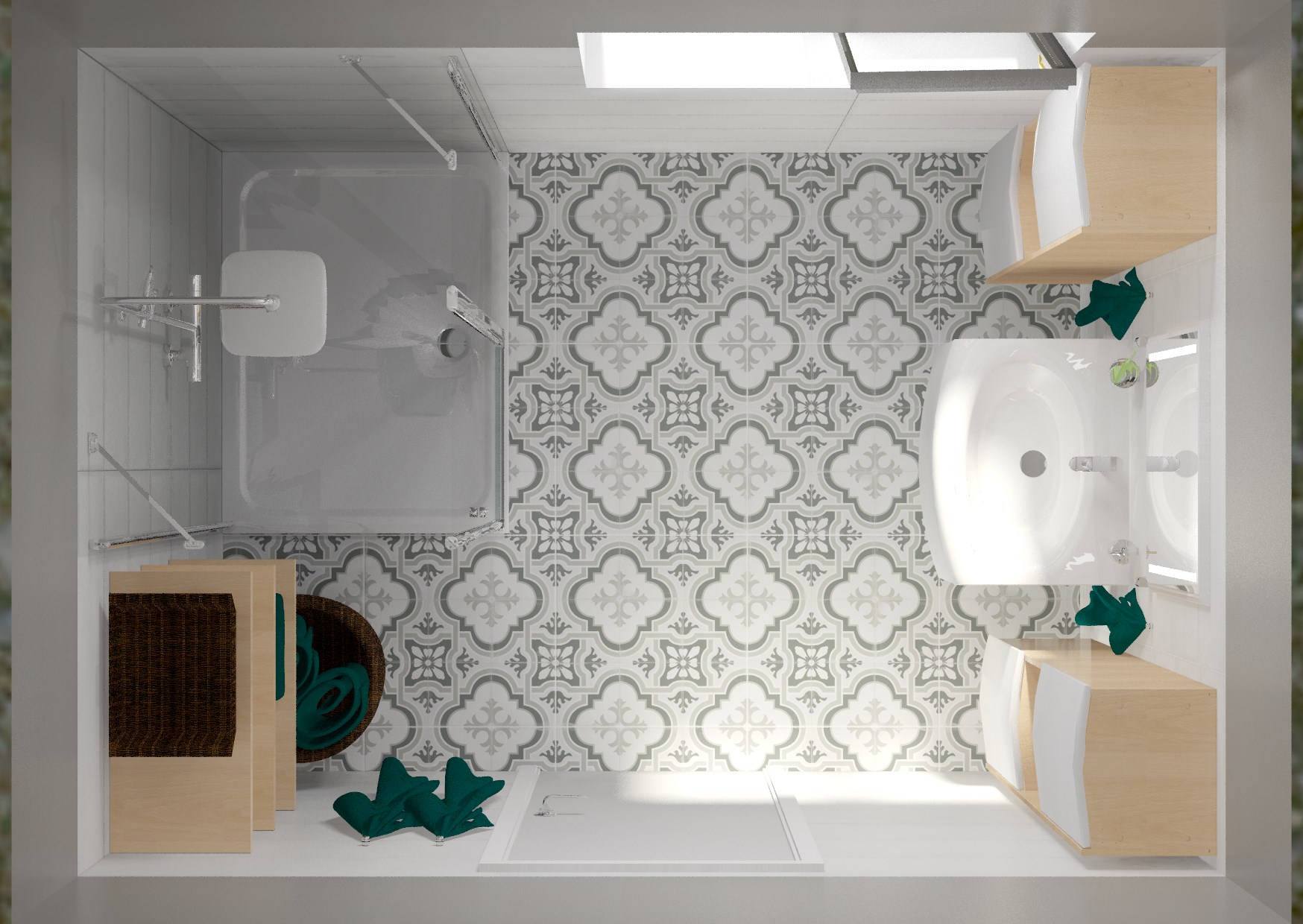 3d vizualizace bílo-šedé koupelny