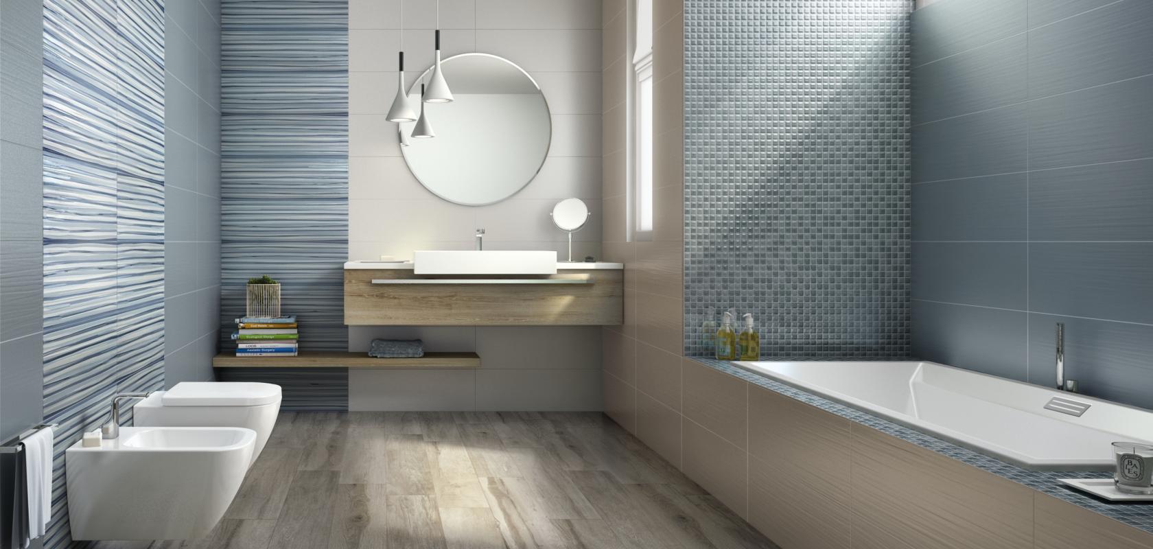 designová koupelna s dlažbou imitující dřevo