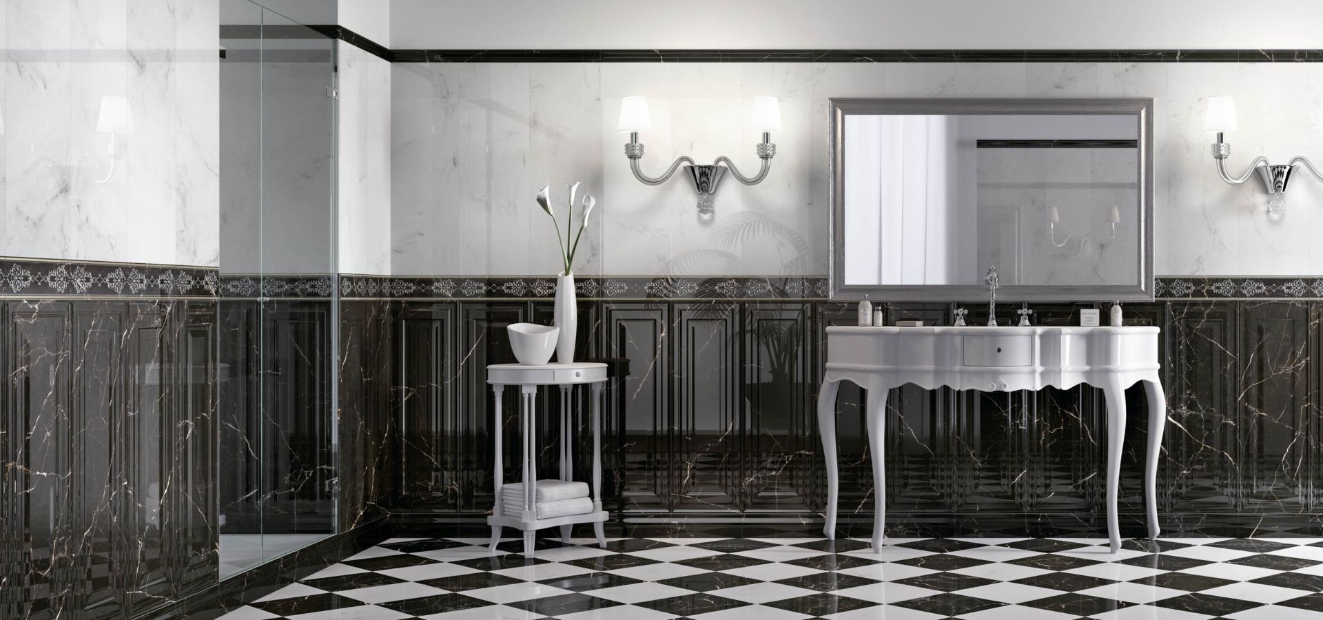 Ilustrační obrázek koupelny, kde je použita kolekce crystal marble v imitaci jemného mramoru v bílo-černé kombinaci.