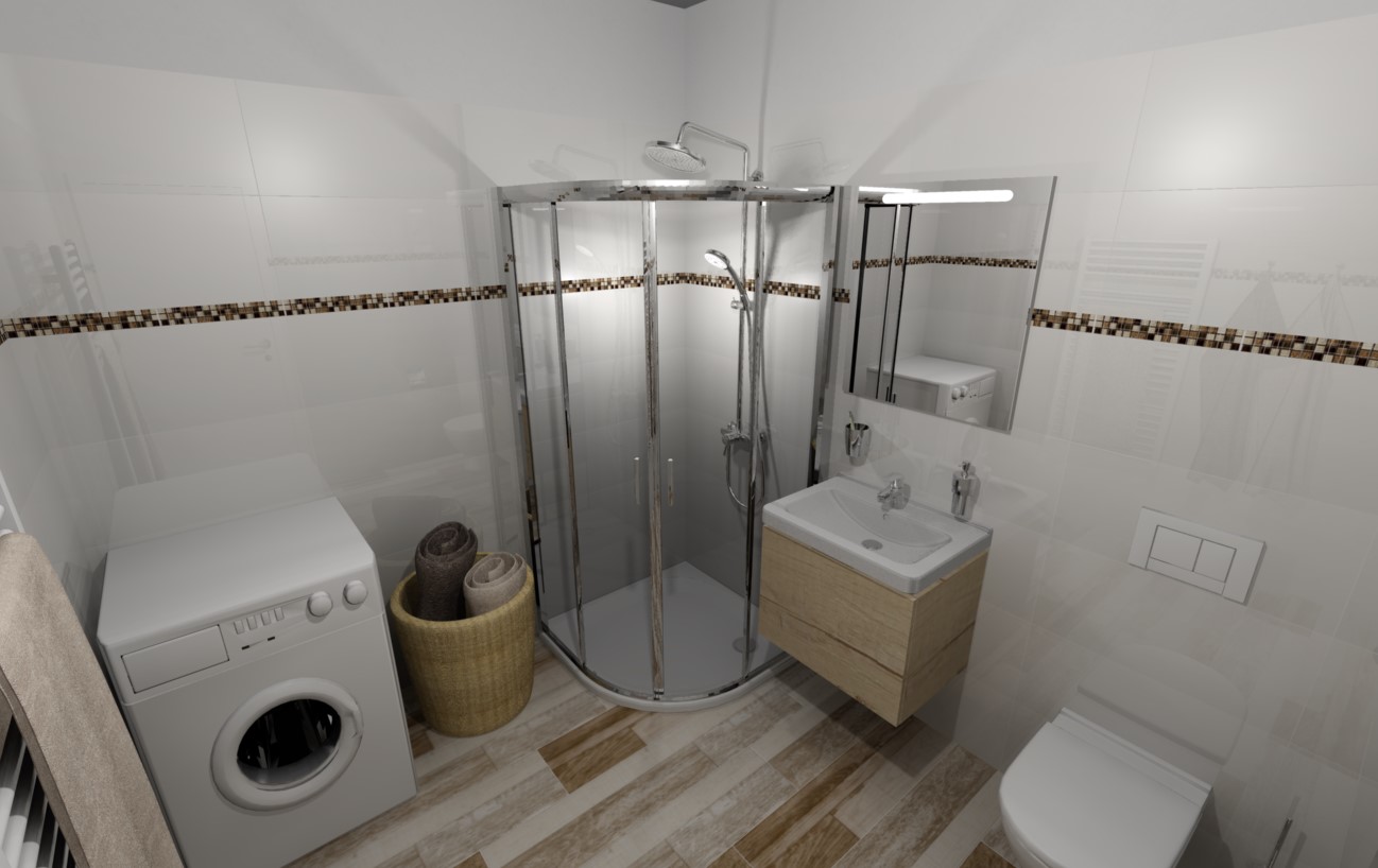 3D návrh koupelny s bílými obklady a dlažbou imitující dřevo