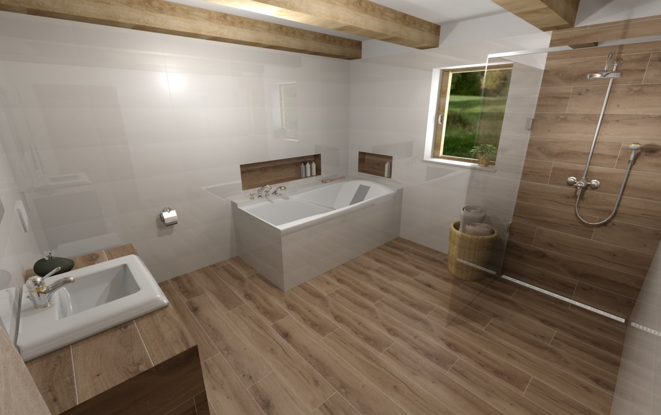 bílé obklady a dlažba imitující dřevo v koupelně
