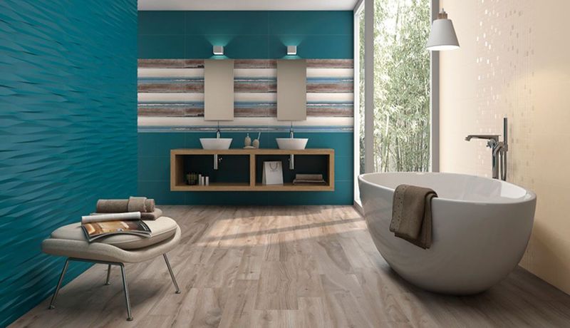 Obklad do koupelny Inspire v kombinaci s dlažbou v imitaci dřeva. | pokračování o barevných 5