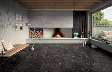 Obývací pokoj s dlažbou v dekoru kamene NORR 2.0