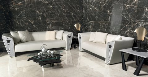 Obývací pokoj s dlažbou v imitaci mramoru Emote