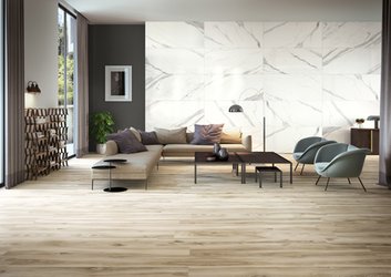 Útulný obývací pokoj s kombinací mramoru MARBLE BOUTIQUE a dřeva MAISON