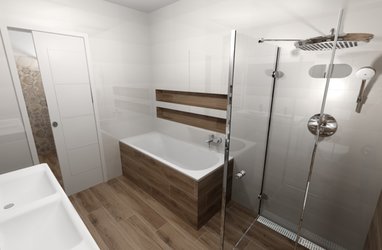 Vizualizace koupelny s dlažbou v dekoru dřeva CLOROFILLA