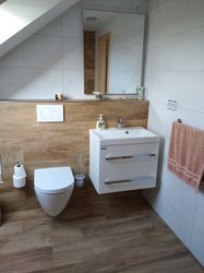 Toaleta s dlažbou v imitaci dřeva CHALET a bílými obklady TERRA WHITE
