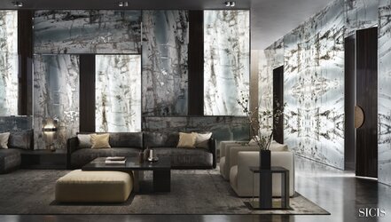 Skleněný obklad VETRITE v obývacím pokoji