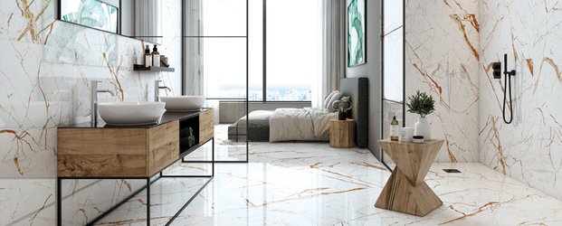 Bílá koupelna v imitaci mramoru s obkladem a dlažbou serie Vanity White
