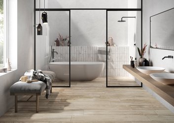 Koupelna s dlažbou v dekoru dřeva ARTWOOD (beige)