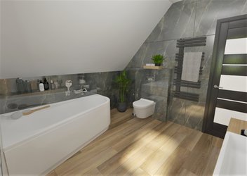 Podkrovní koupelna se sérií ARCH (grey) a dlažbou v dekoru dřeva NATURAL APPEAL (blonde)