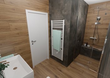 Koupelna s kombinací dřeva CLOROFILLA (nocciola) a betonu MAKE (nero corten)