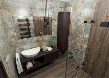 Luxusní malá koupelna s obklady COSMOPOLITAN (amazzonite) a dlažbou CLOROFILLA (nocciola)