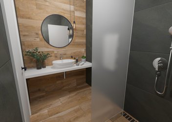 Koupelna s kombinací dřeva COTTAGE (acacia) a betonu HURRICANE (smoke)