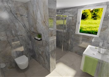 Luxusní koupelna s dlažbou GARE DU NORD (sand) a obkladem COSMOPOLITAN (mystic grey)