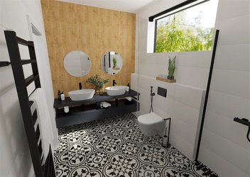 Moderní koupelna s dlažbou HYDRAULIC (black) a obklady WHITE