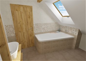 Podkrovní koupelna s dlažbou DOCKS (noce) a obklady NEWPORT (beige/marmette beige/nocciola)