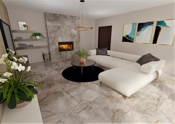 Obývací pokoj s dlažbou v dekoru mramoru ROOT (ash)
