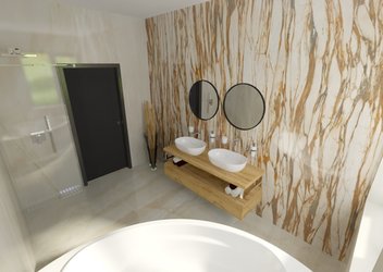 Luxusní koupelna se sériemi WANDERLUST (calacatta copper) a JEWELS (onyx JW 15)