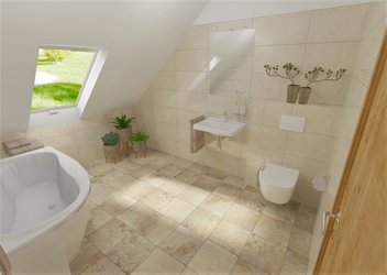 Vizualizace koupelny s obklady Wavy a dlažbou Como