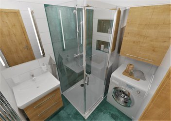 Vizualizace koupelny s bílými obklady Blanco Brillo a obklady a dlažbou v imitaci betonu Lemmy