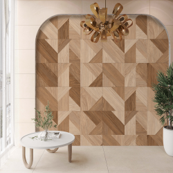 Koupelnový obklad Orfe s dekorem v imitaci dřeva bond wood v obývacím pokoji