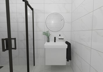 Jemná imitace mramoru Paris white bílá barva na stěně v koupelně s umyvadlem, skříňkou, zrcadlem a sprchovým koutem