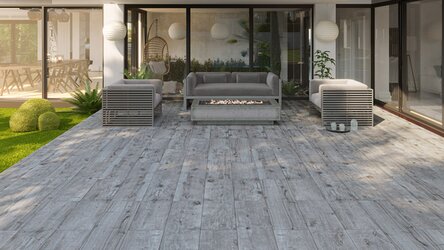Venkovní keramická dlažba Tiber Wood Ash na terase