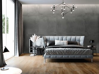 Nádherná moderní ložnice s šedou dlažbou na stěně v imitaci betonu Caementum
