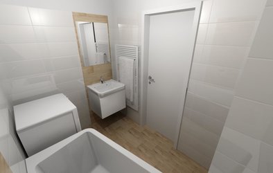 Malá koupelna s kombinací obkladů WHITE GLOSSY  a dřevem