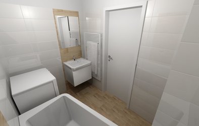 Malá koupelna s kombinací obkladů WHITE GLOSSY a dřevem
