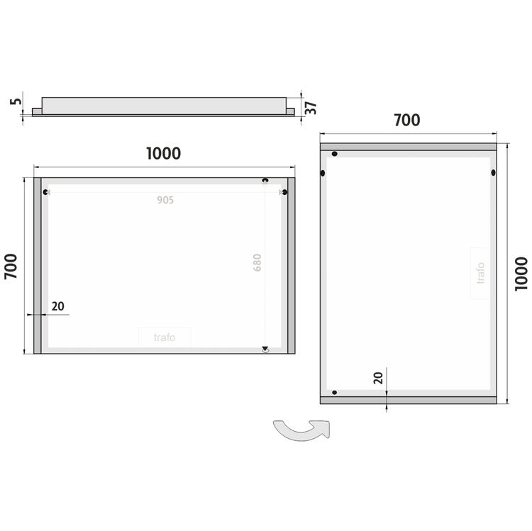 Zrcadlo hliníkový rám s led osvětlením, 1000x700 mm - Nimco Série 11000