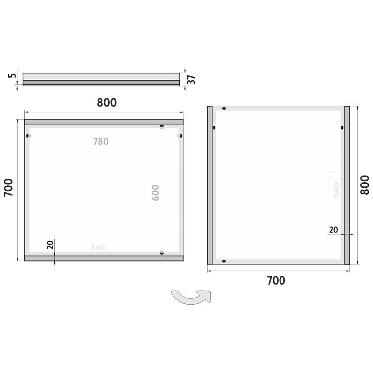 Zrcadlo hliníkový rám s led osvětlením, 800x700 mm - Nimco Série 12000