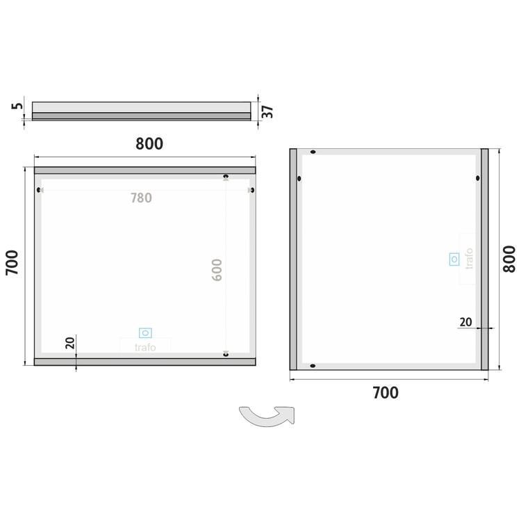Zrcadlo hliníkový rám s led osvětlením, senzorem, 800x700 mm - Nimco Série 12000