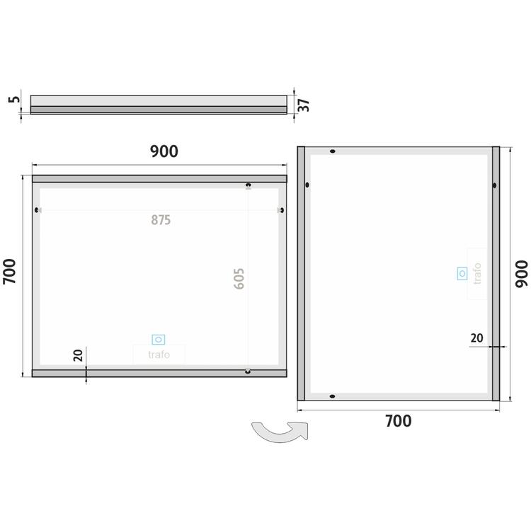 Zrcadlo hliníkový rám s led osvětlením, senzorem, 900x700 mm - Nimco Série 12000