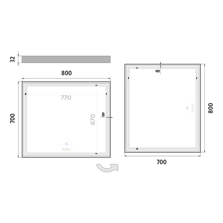 Zrcadlo hliníkový rám s led osvětlením, senzorem, 800x700 mm - Nimco Série 13000