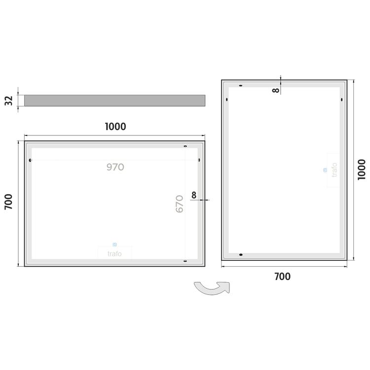 Zrcadlo hliníkový rám s led osvětlením, senzorem, 1000x700 mm - Nimco Série 13000