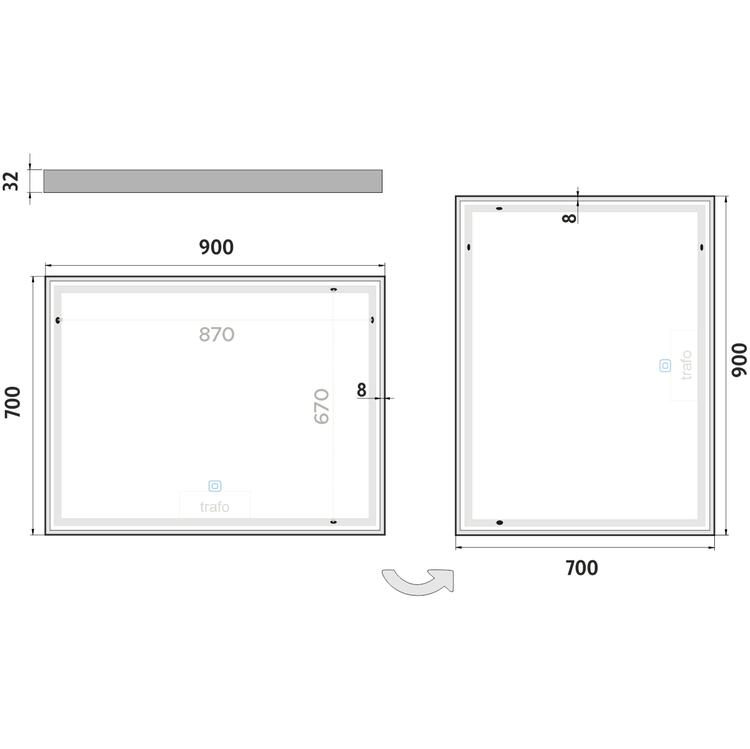 Zrcadlo hliníkový rám s led osvětlením, 900x700 mm - Nimco Série 13000