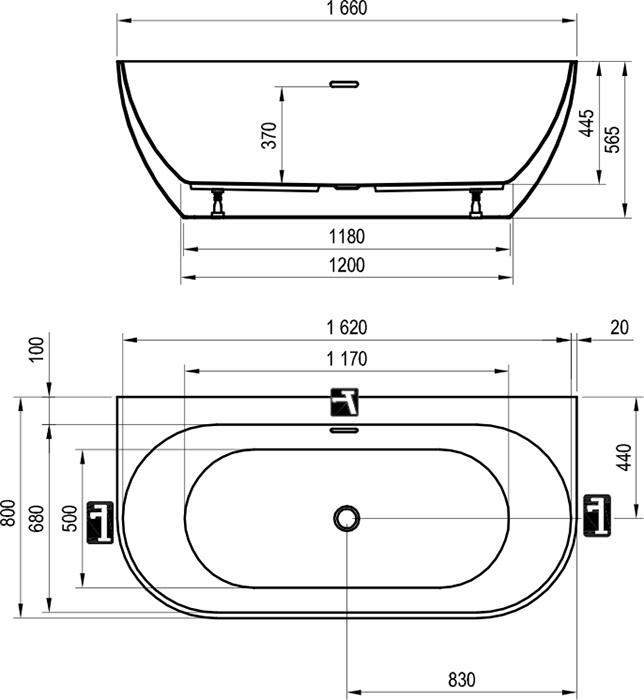 Asymetrická akrylátová vana bílá/černý přepad 166x80 - Ravak Freedom W