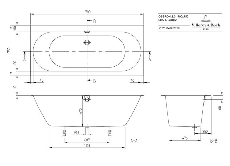 Vana 170x75 bílá – V&B Oberon 2.0 UBQ170OBR2DV-01