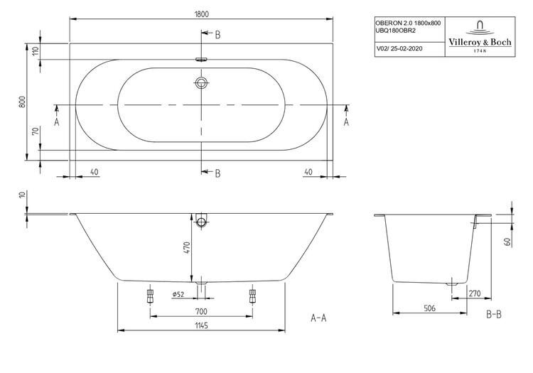 Vana 180x80 bílá – V&B Oberon 2.0 UBQ180OBR2DV-01