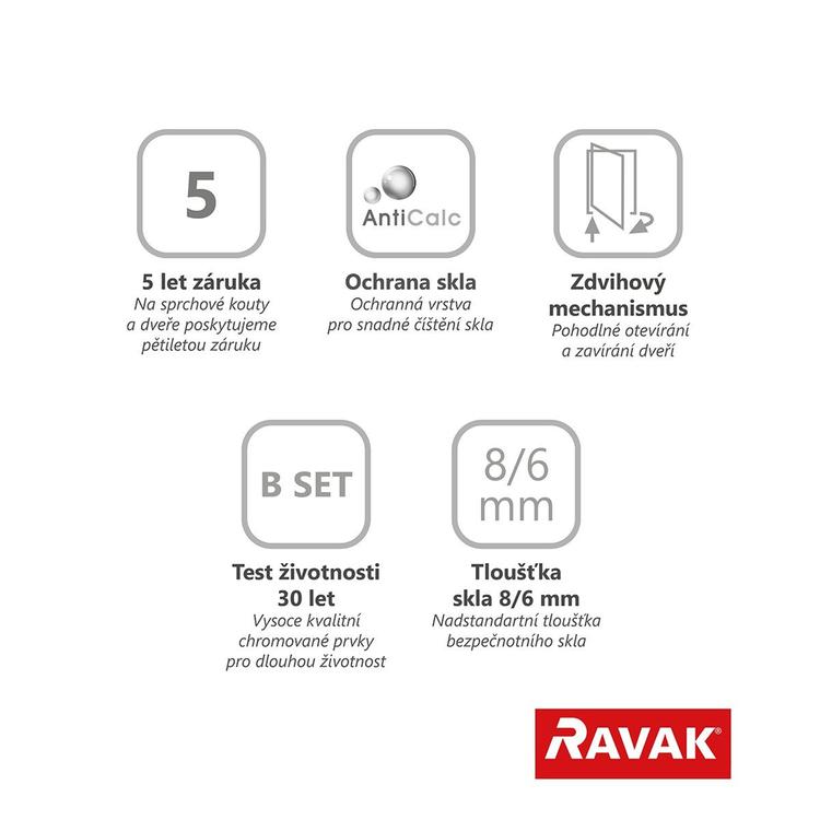 Čtvercový sprchový kout chrom/transparent vč. uchycení a pantů – Ravak BSRV4-90