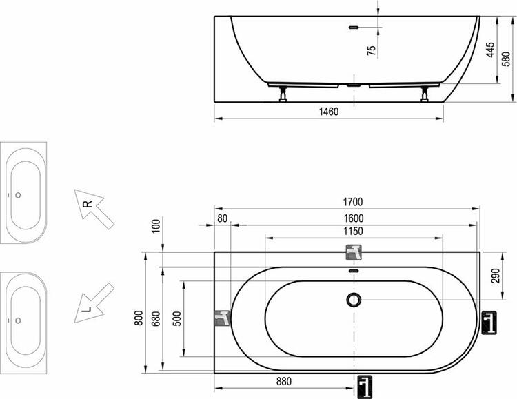 Vana Freedom Corner 170x80 L, volně stojící, bílá, krytka odtoku bílá