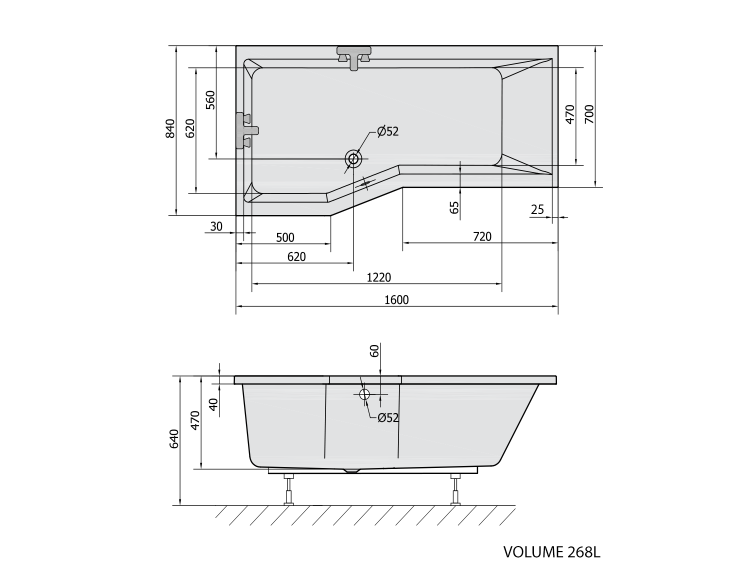 VERSYS L asymetrická vana 160x84x70x47cm, bílá